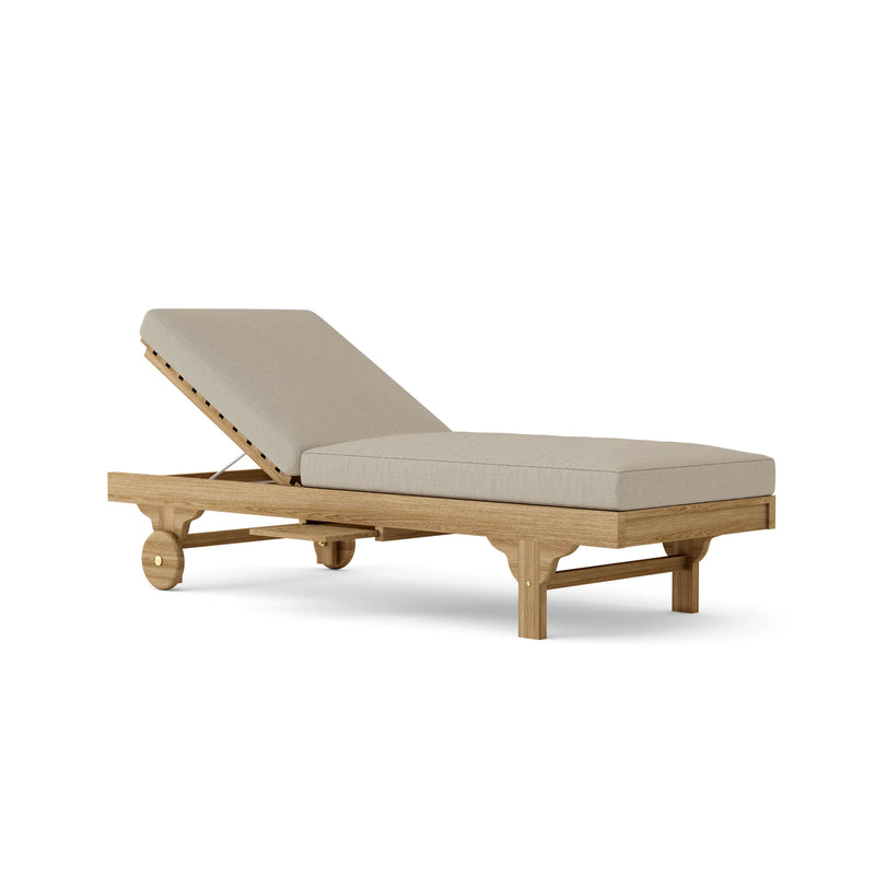 Capri teak lounger with cast ash cushion on a white background.  