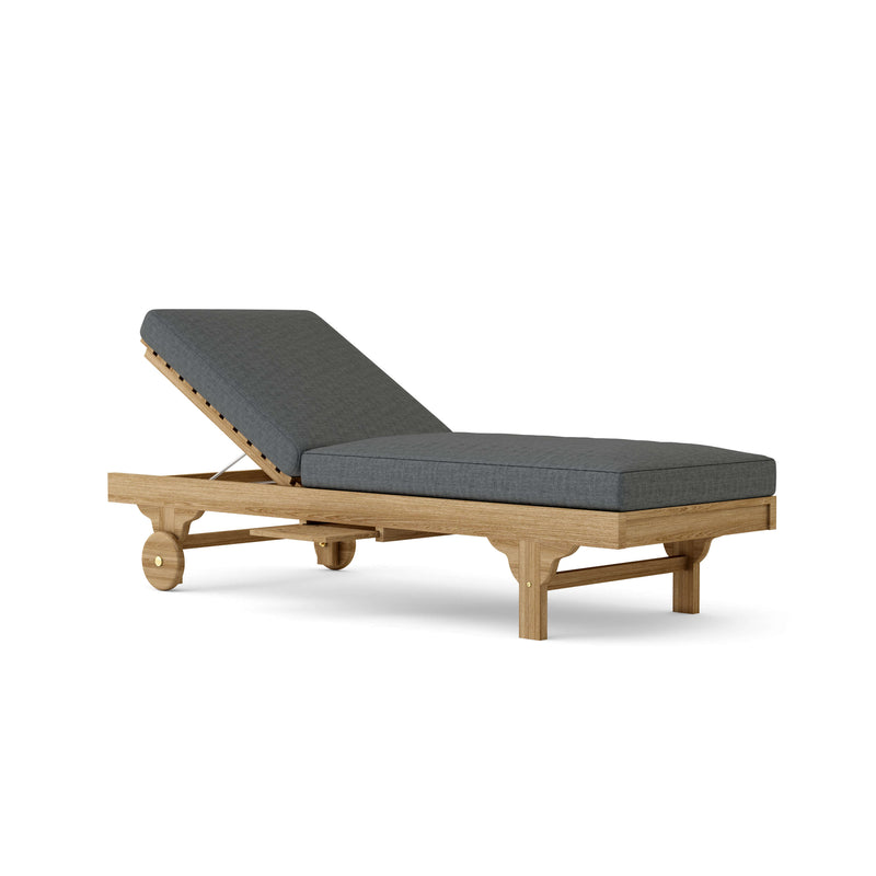 Caori teak lounger with cast charcoal cushion on a white background.  