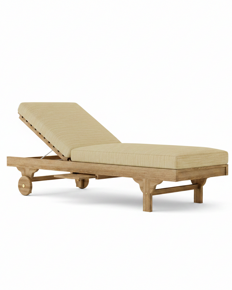 Capri teak lounger with dupion sand cushion on a white background.