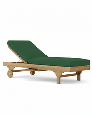 Capri teak lounger with forest green cushion on a white background. 