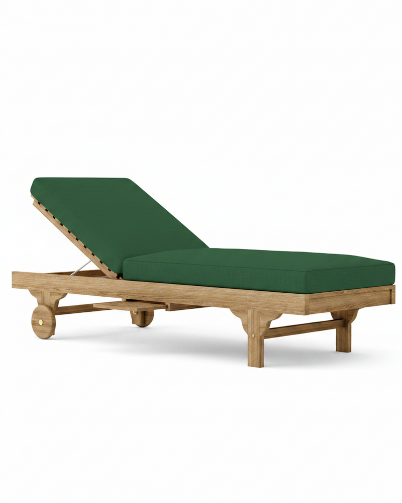 Capri teak lounger with forest green cushion on a white background. 