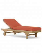 Capri teak lounger with henna cushion on white background.  