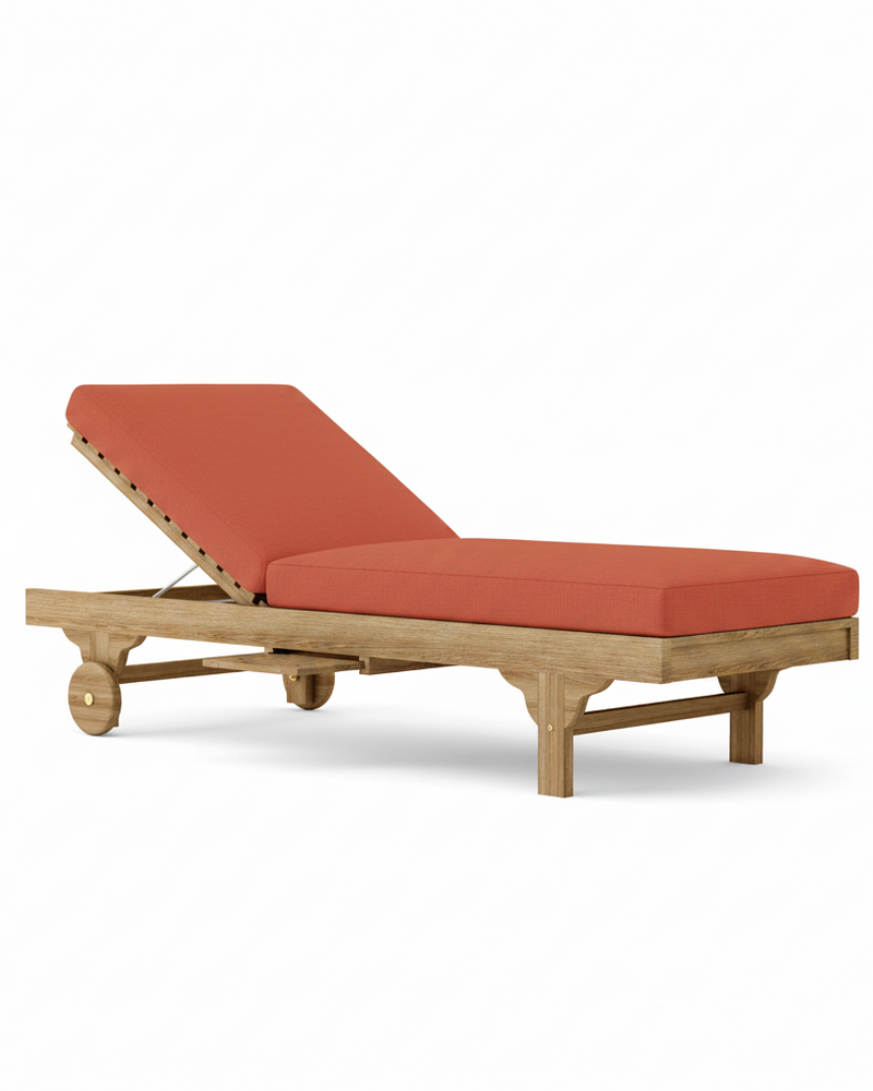 Capri teak lounger with henna cushion on white background.  