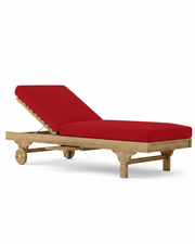 Capri teak lounger with jockey red cushion on white background.  
