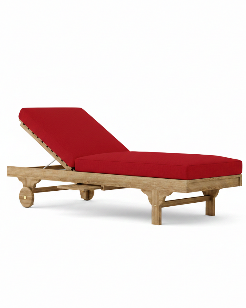 Capri teak lounger with jockey red cushion on white background.  