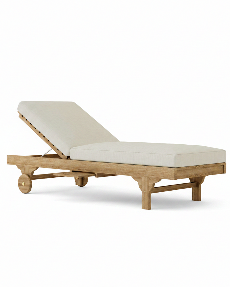Capri teak lounger with linen canvas cushion on a white background.  