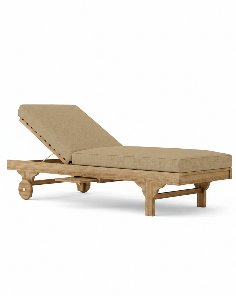 Capri teak lounger with linen sesame on white background.  