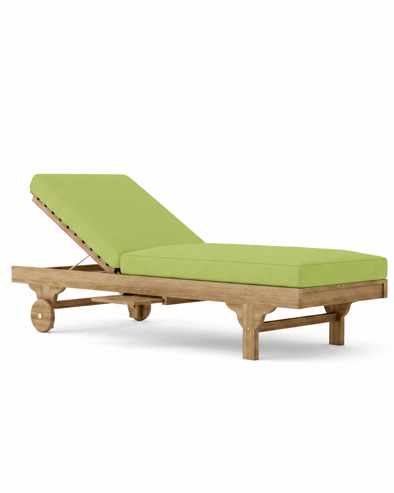 Capri teak lounger with macaw cushion on white background.