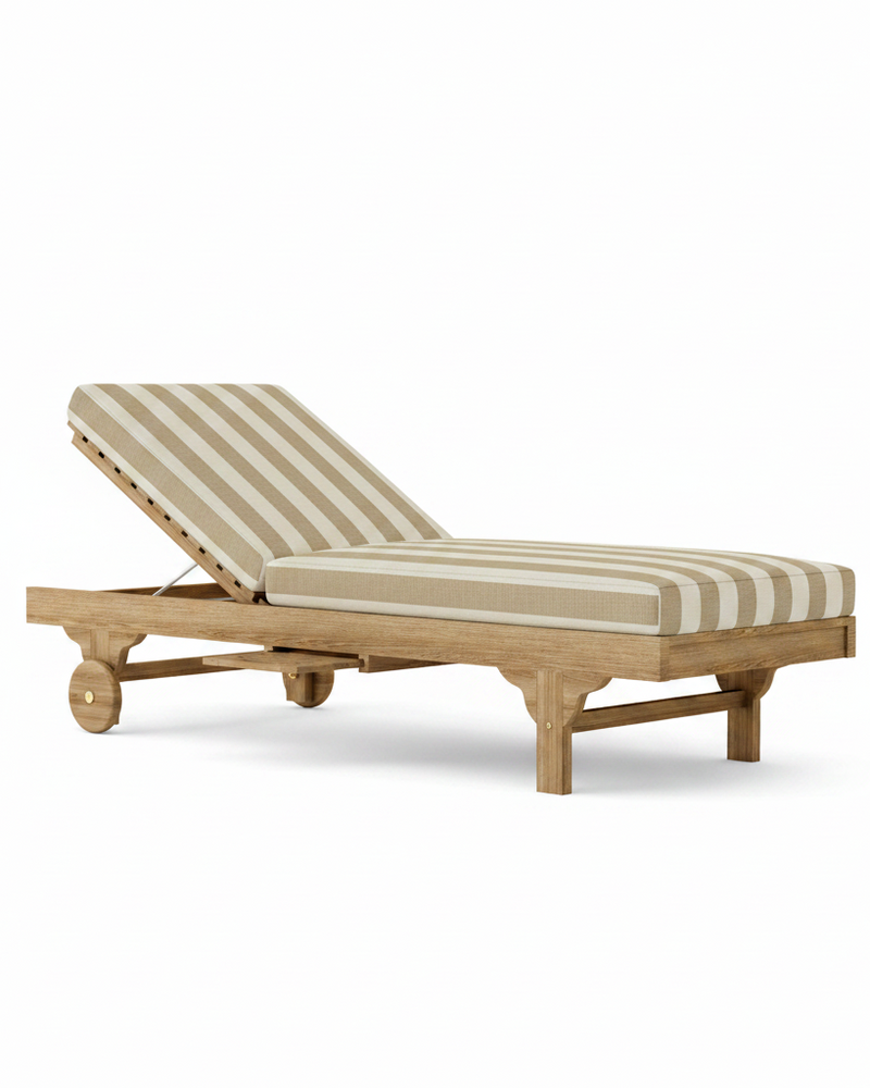 Capri teak lounger with maxim heather beige cushion on a white background.  
