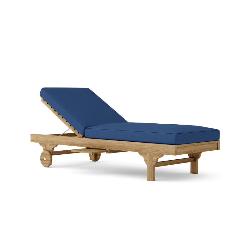 Capri teak lounger with navy cushion on a white background
