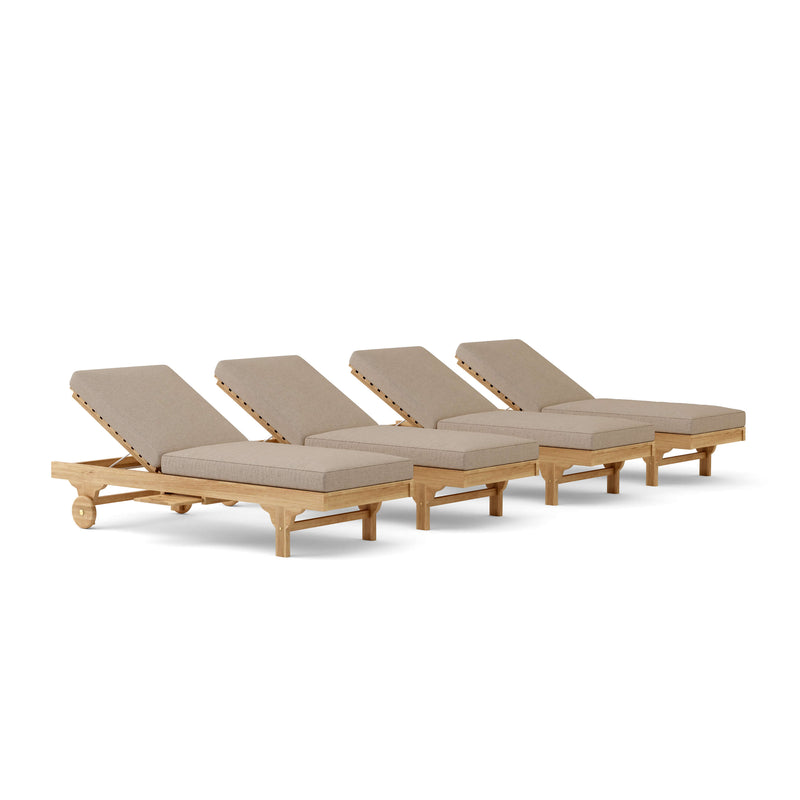 Set of four wooden lounge chairs with beige cushions on a white background