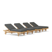 Four wooden lounge chairs with gray cushions on a white background