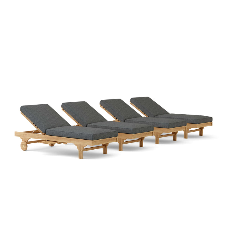 Four wooden lounge chairs with gray cushions on a white background