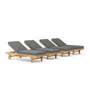 Four wooden lounge chairs with slate cushions on a white background