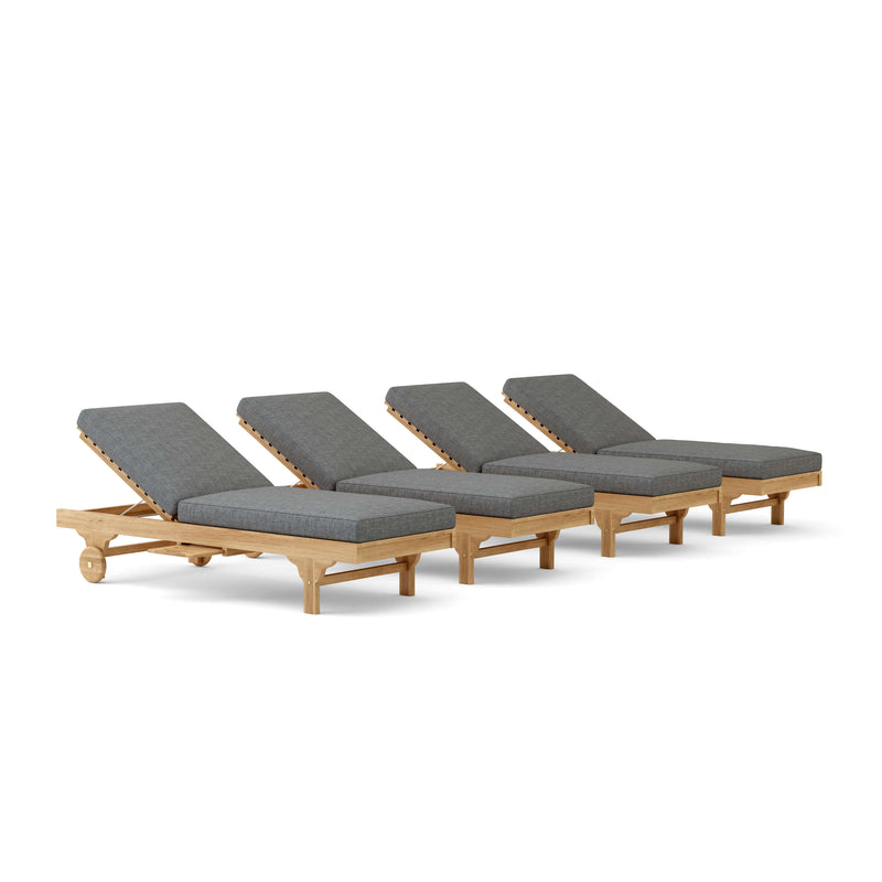Four wooden lounge chairs with slate cushions on a white background