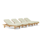 Set of four wooden lounge chairs with beige cushions on a white background