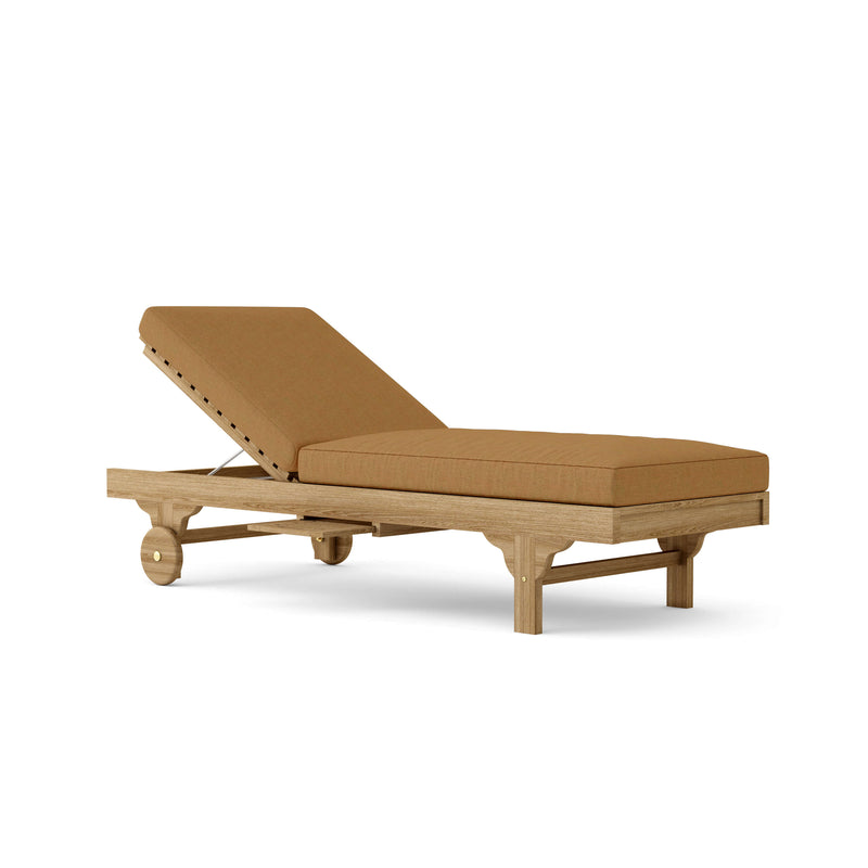 Capri teak lounger with teak colored cushion on a white background.
