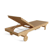 Wooden outdoor lounge chair with wheels on a white background