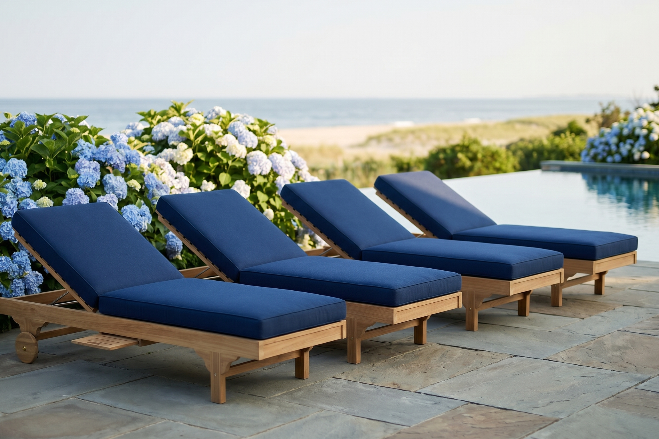 Four blue cushioned lounge chairs by a pool with flowers and ocean view
