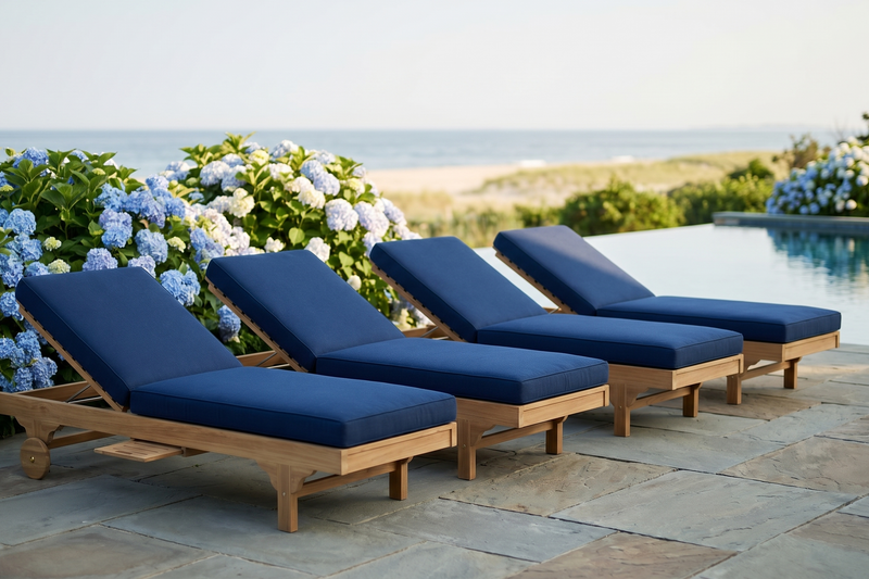 Four blue cushioned lounge chairs by a pool with flowers and ocean view