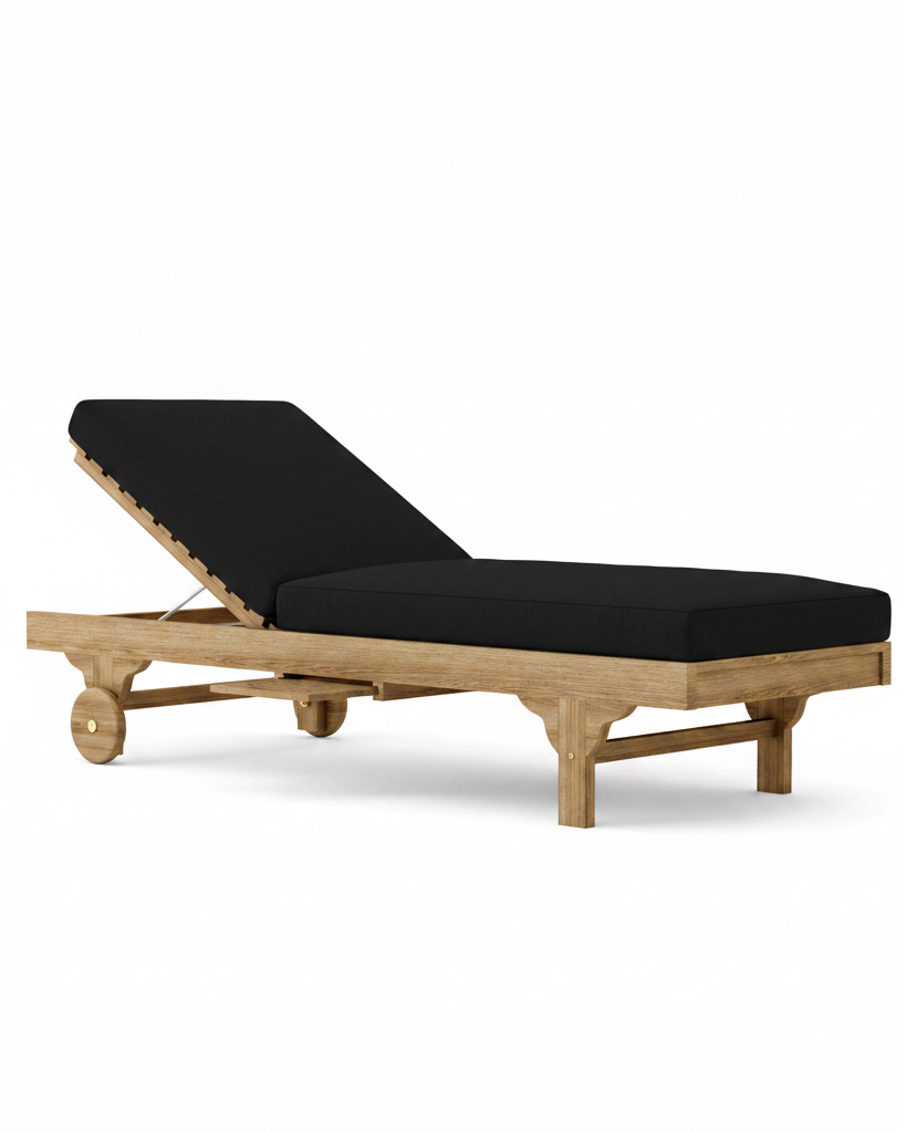 Capri teak lounger with black cushion on white background.  