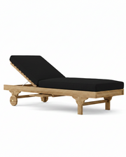 Capri teak lounger with black cushion on white background.  