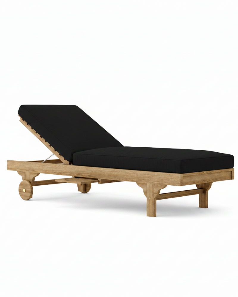 Capri teak lounger with black cushion on white background.  
