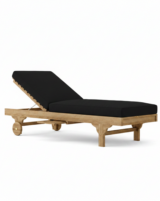 Capri teak lounger with black cushion on white background.  