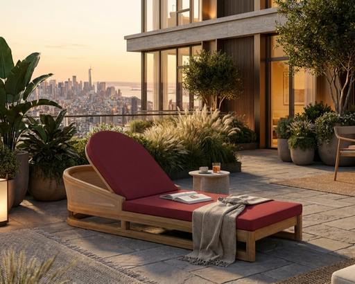 Catania teak lounge chair on stone  terrace overlooking the city outside of a penthouse apartment.  
