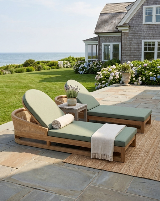 Catania 2-Piece Sun Lounger set with sage cushions on a stone patio with ocean views and a Nantucket  inspired house and lanscaping.  
