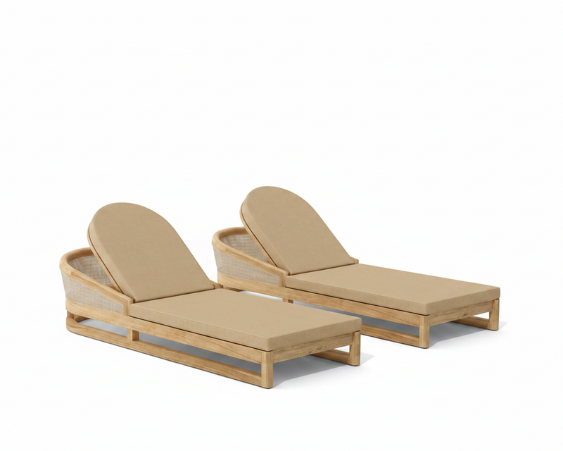 Catania 2 piece sun lounger set with canvas antique beige cushions on a white background.  