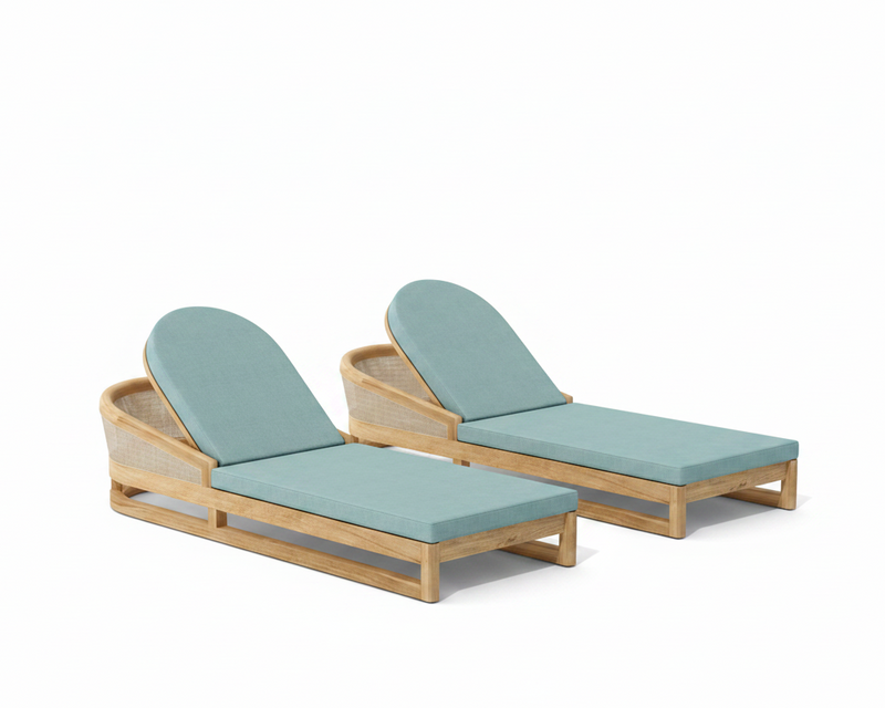 Catania 2 piece sun lounger set with mineral blue cushions on a white background.  