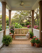 A wooden garden bench sits on a woven jute rug on a spacious porch with white railings and columns, surrounded by potted ferns and flowers, with a lush garden visible in the background.