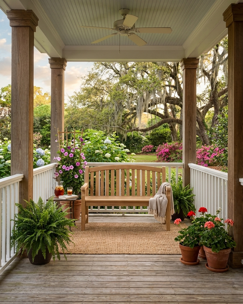 A wooden garden bench sits on a woven jute rug on a spacious porch with white railings and columns, surrounded by potted ferns and flowers, with a lush garden visible in the background.