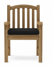A wooden armchair with a slatted backrest and a thick black seat cushion, shown against a plain white background.