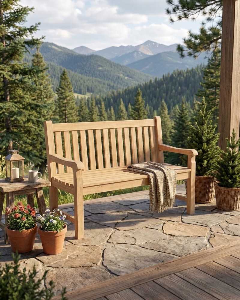 A light natural teak wood outdoor bench with a slatted back and seat, placed on a stone patio with a throw blanket draped over it. The bench is surrounded by potted plants and a rustic side table, with a scenic mountain forest backdrop.