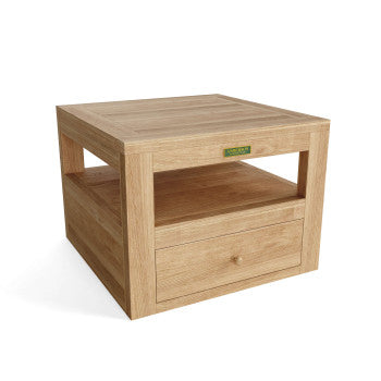 Wooden side table with a drawer on a white background