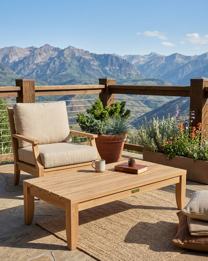 Teak Coronado rectangular coffe table on a stone patio with chair and natural cushion overlooking the mountains,
