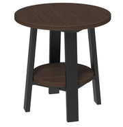 Round side table with dark brown top and black legs on a white background