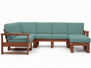 A 5-seater outdoor sectional sofa with teal cushions and a brown wooden frame, shown against a plain white background.