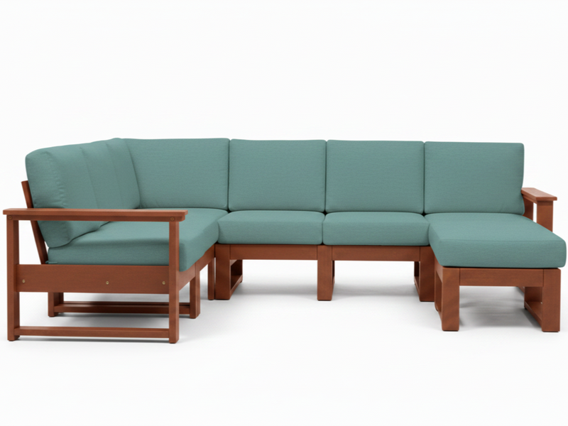 A 5-seater outdoor sectional sofa with teal cushions and a brown wooden frame, shown against a plain white background.