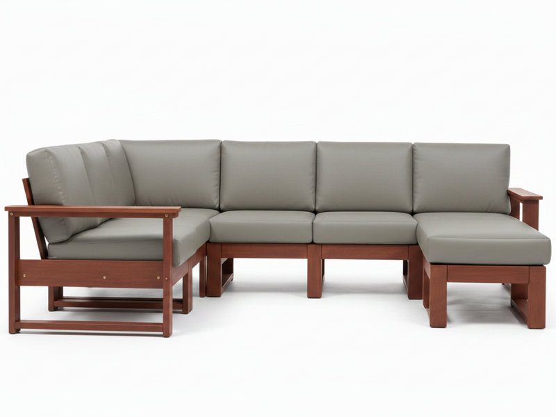 A modern sectional sofa with light gray cushions and a medium brown wooden frame, shown against a plain white background.