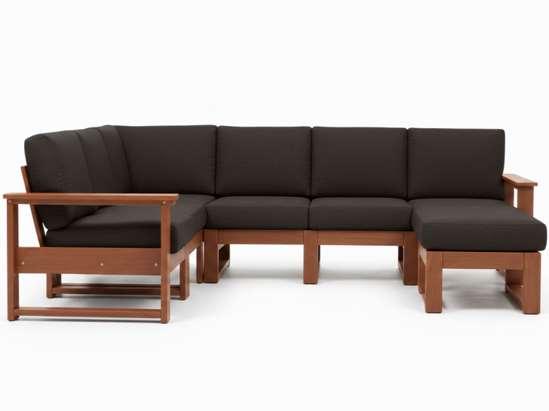 A modern sectional sofa with dark brown cushions and a medium brown wooden frame, shown against a plain white background.