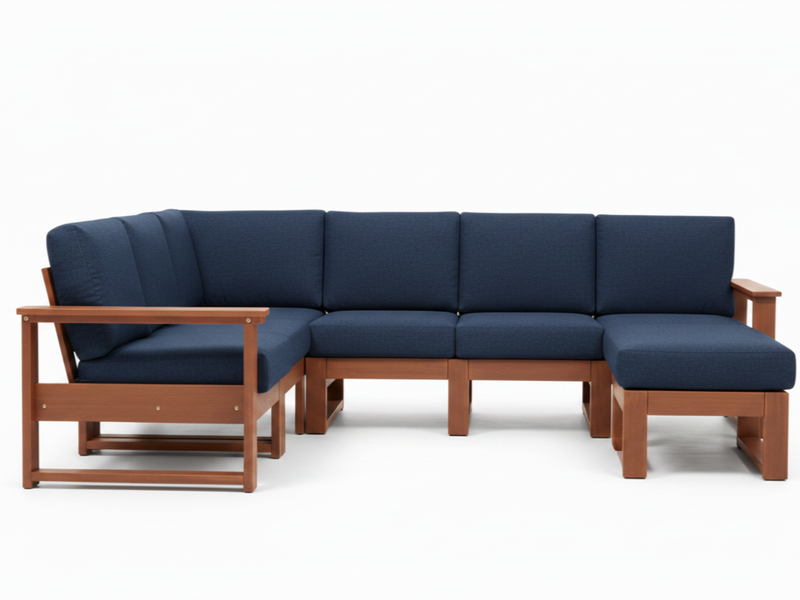 A modern outdoor sectional sofa with deep blue cushions and a warm brown wooden frame, shown against a plain white background.