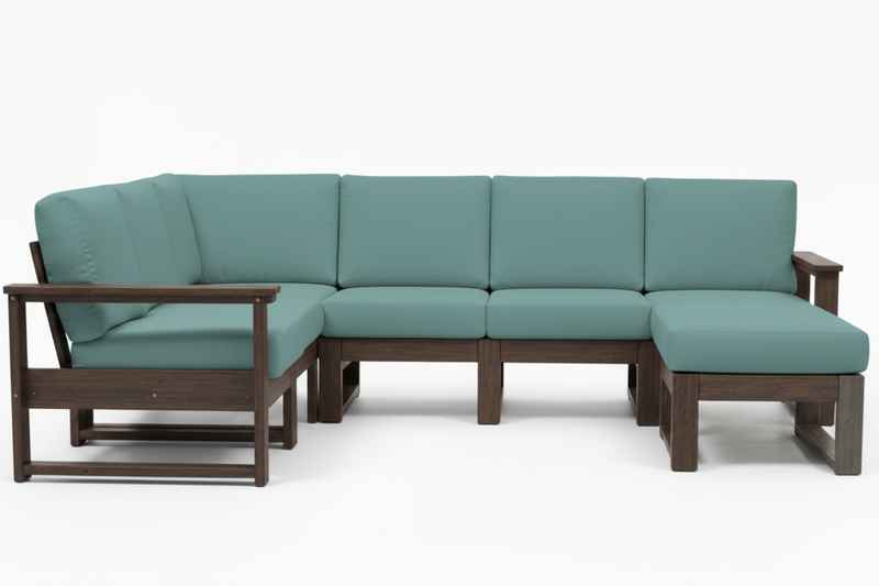 A 5-piece outdoor sectional sofa with dark brown wood frames and teal cushions, shown against a plain white background.