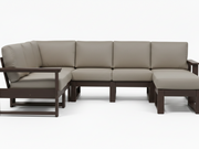 A 5-piece outdoor sectional sofa set with taupe-beige cushions and dark brown frames, shown against a solid white background.