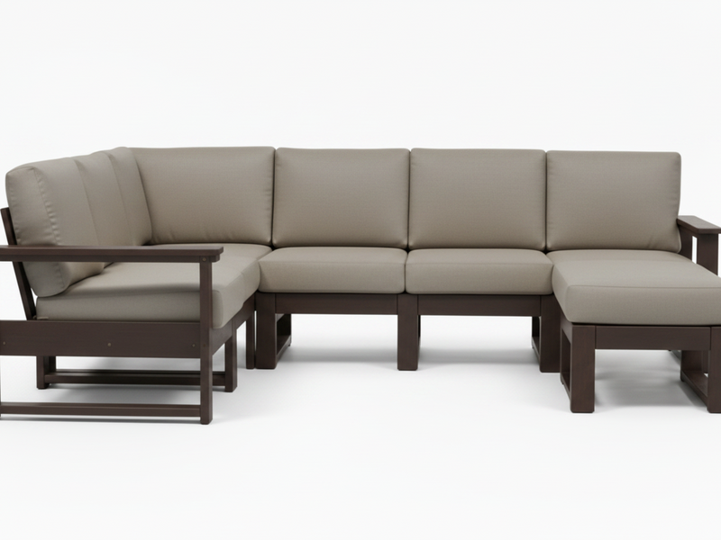 A 5-piece outdoor sectional sofa set with taupe-beige cushions and dark brown frames, shown against a solid white background.
