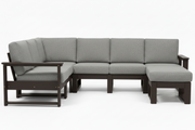 A modern outdoor sectional sofa with a left-facing chaise lounge, upholstered in light gray textured fabric with a dark brown frame, shown against a plain white background.