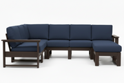 A 5-piece outdoor sectional sofa with dark brown frames and navy blue cushions, shown against a plain white background.