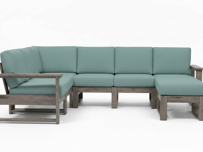 A 5-piece outdoor sectional sofa set with light teal cushions and weathered gray-brown wooden frames, shown against a plain white background.